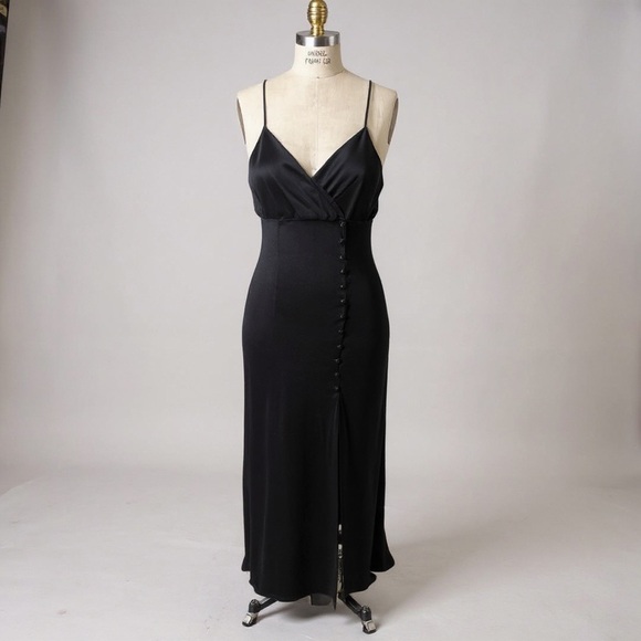 304 ZARA | NWOT Black Satin Slip Dress Button Front Midi Evening Dress (Size L) - Picture 2 of 15